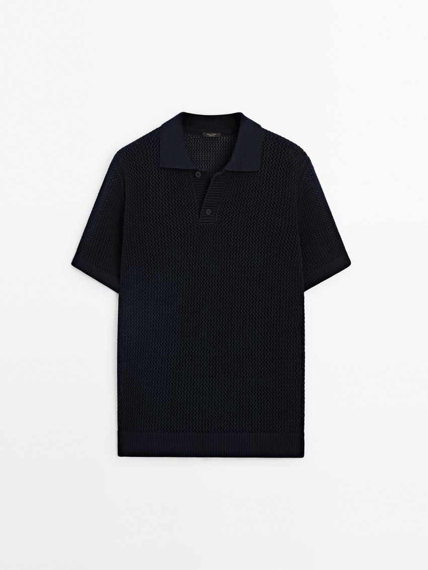 Massimo Dutti Textured Short Sleeve Sweater Men Polo Shirt Black | US-YS8912570