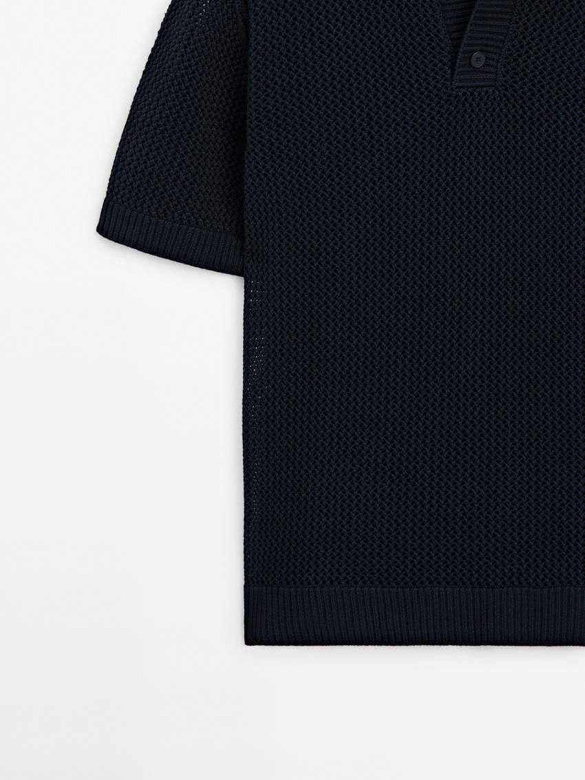 Massimo Dutti Textured Short Sleeve Sweater Men Polo Shirt Black | US-YS8912570