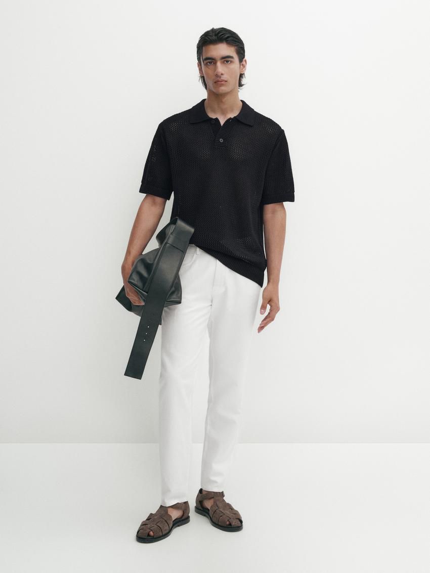 Massimo Dutti Textured Short Sleeve Sweater Men Polo Shirt Black | US-YS8912570