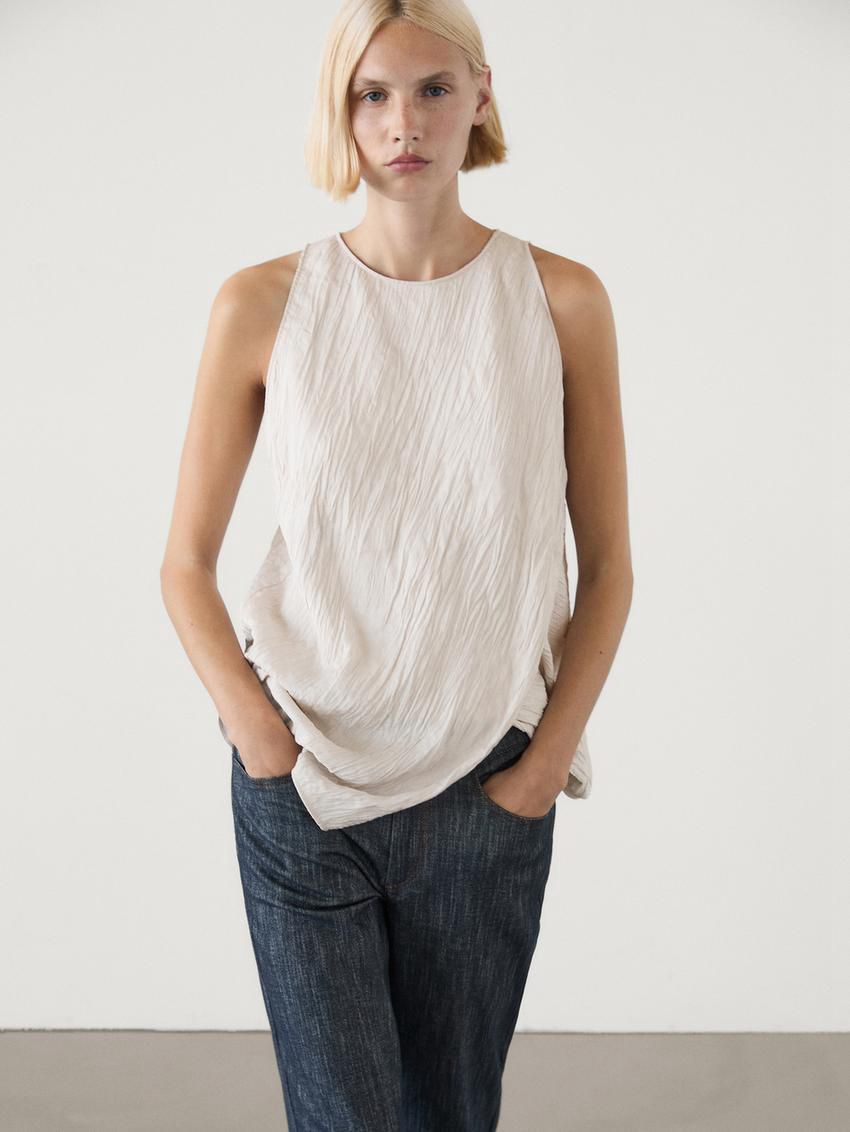 Massimo Dutti Textured With Asymmetric Hem Women Top Beige | US-JP7819360