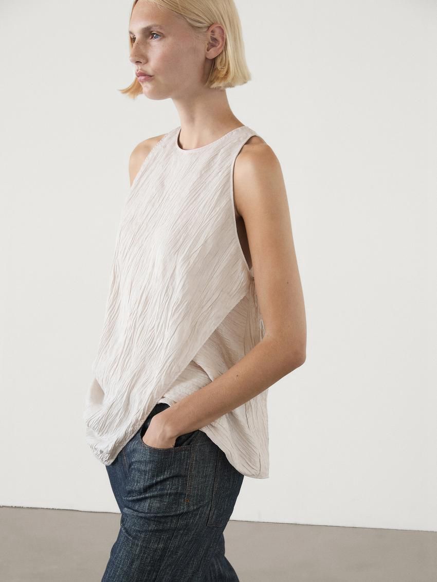Massimo Dutti Textured With Asymmetric Hem Women Top Beige | US-JP7819360