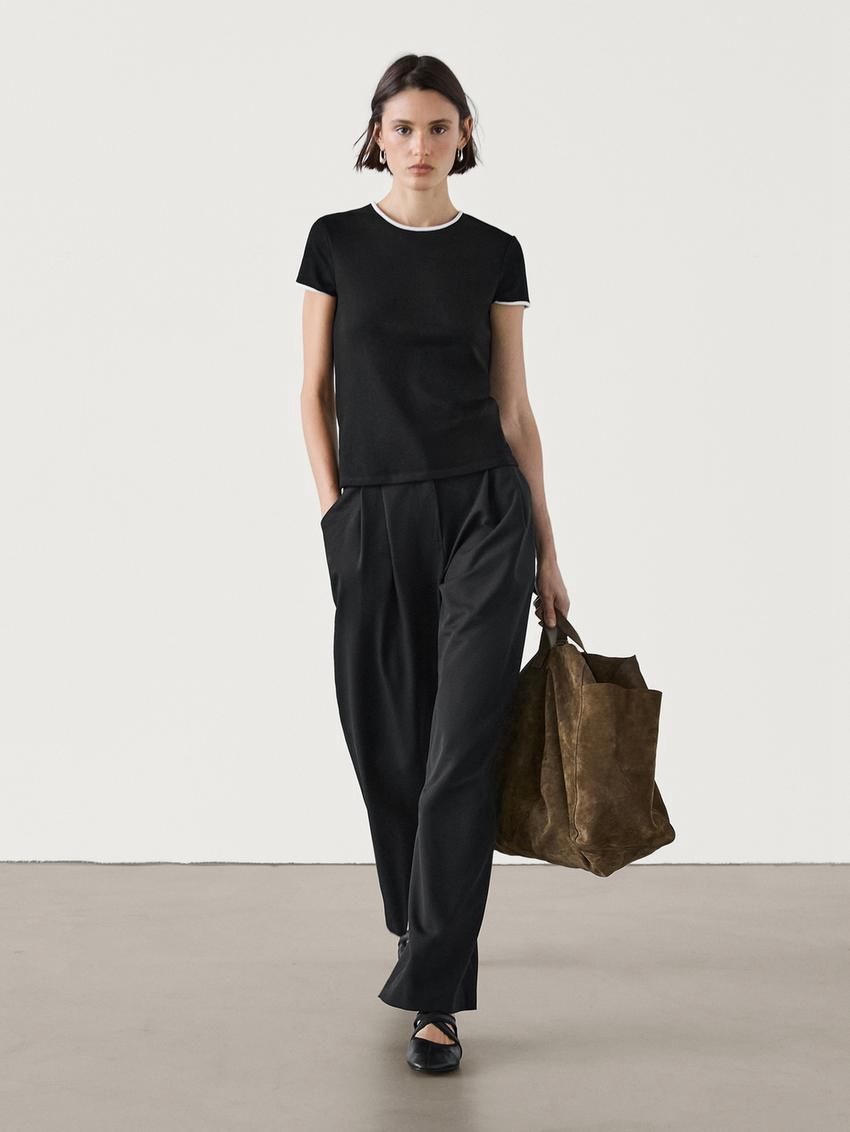 Massimo Dutti Thick With Contrast Trims Women T-Shirt Black | US-JM5213740