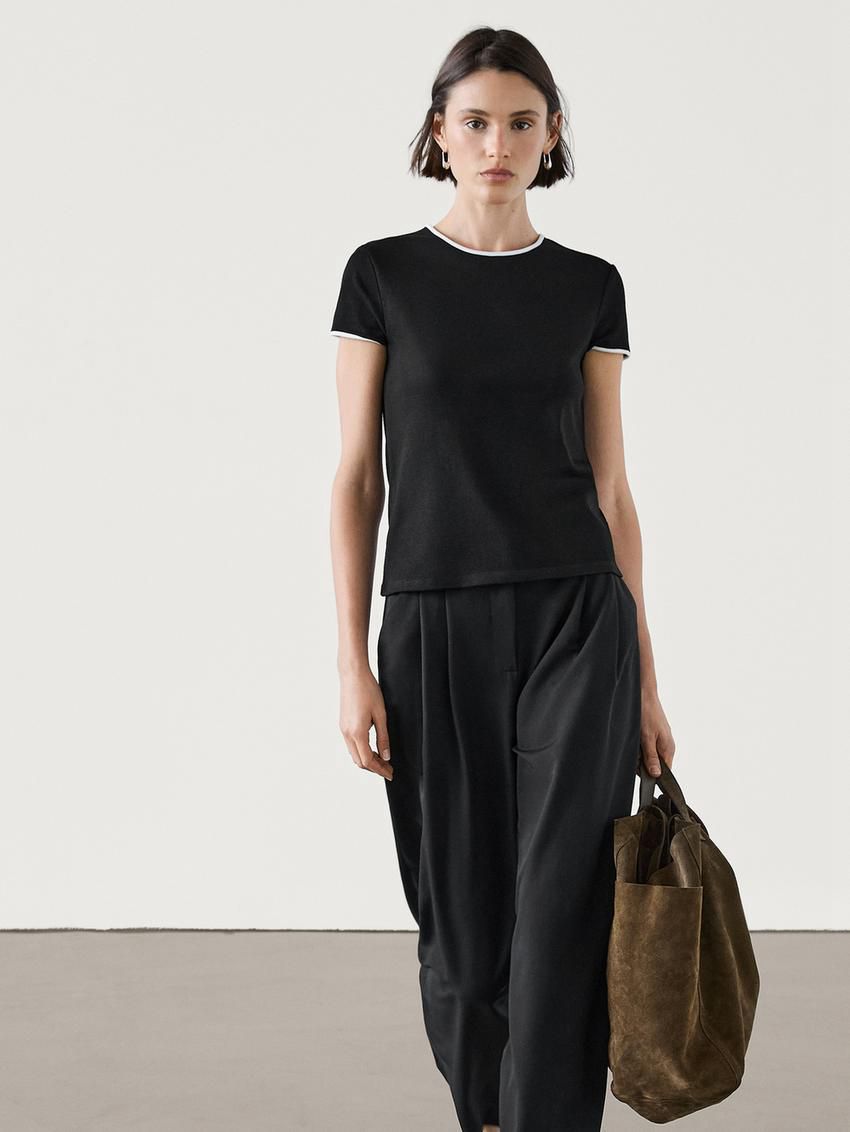 Massimo Dutti Thick With Contrast Trims Women T-Shirt Black | US-JM5213740