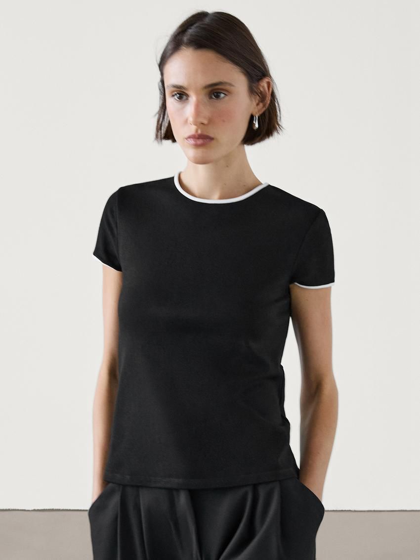 Massimo Dutti Thick With Contrast Trims Women T-Shirt Black | US-JM5213740