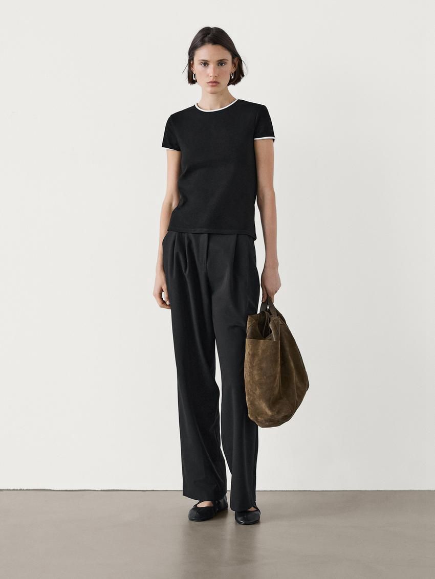 Massimo Dutti Thick With Contrast Trims Women T-Shirt Black | US-JM5213740