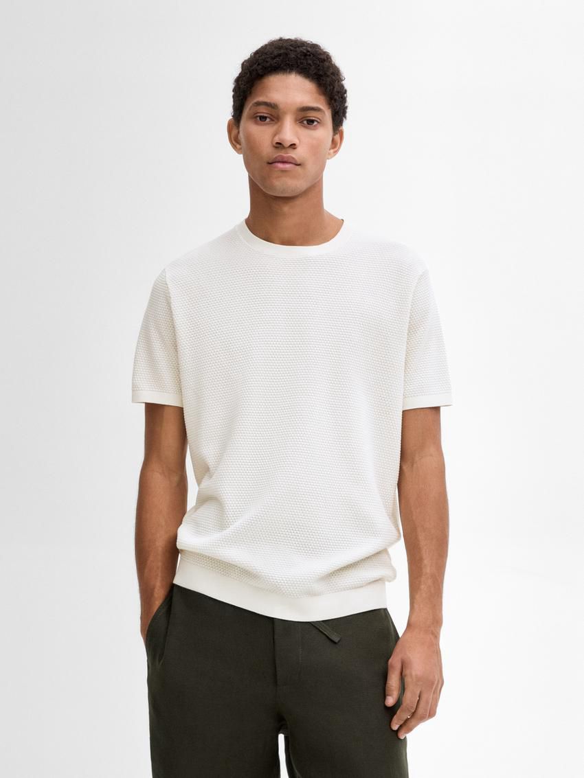 Massimo Dutti Thick-textured Made Of Cotton Men T-Shirt Cream | US-QW3784520