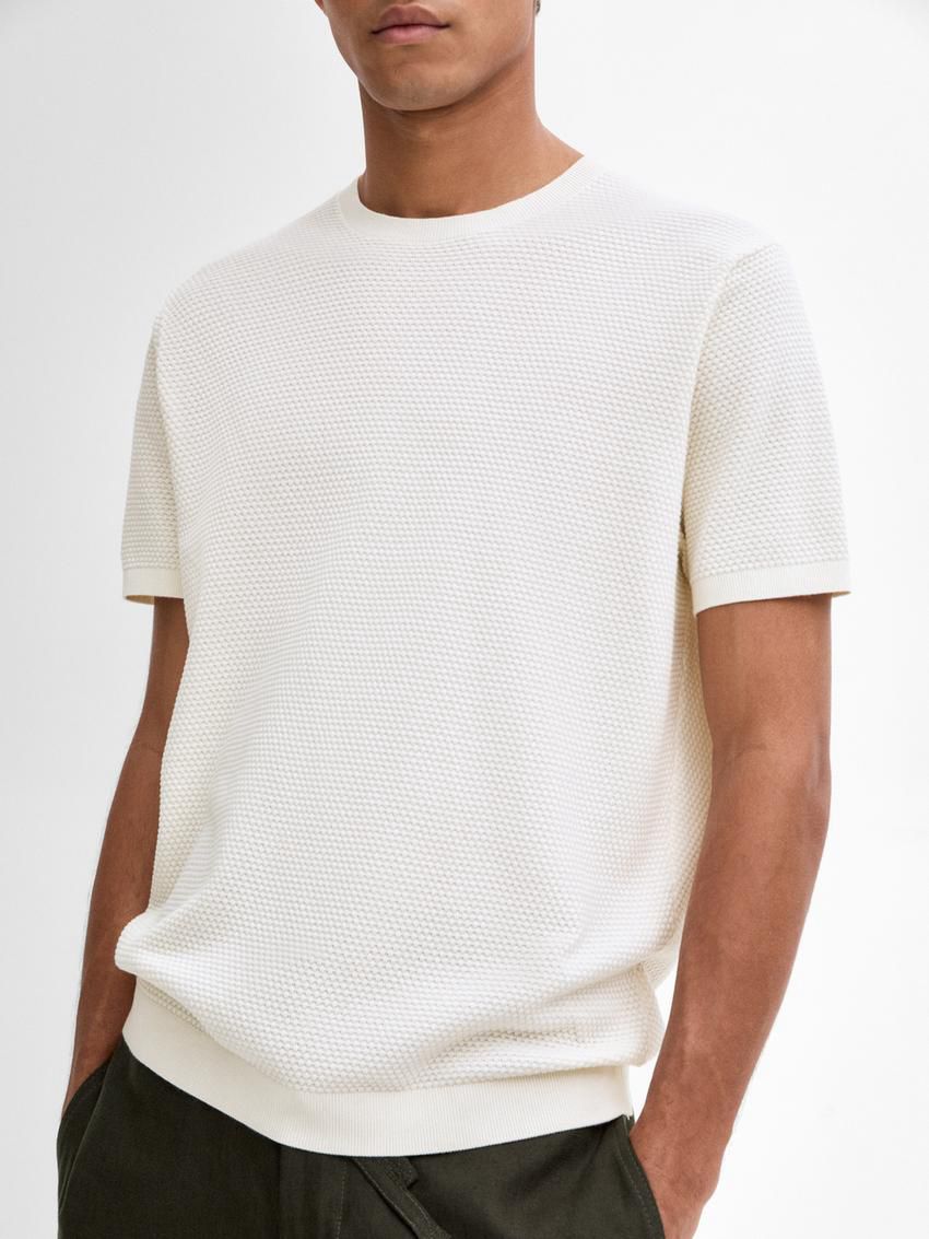 Massimo Dutti Thick-textured Made Of Cotton Men T-Shirt Cream | US-QW3784520