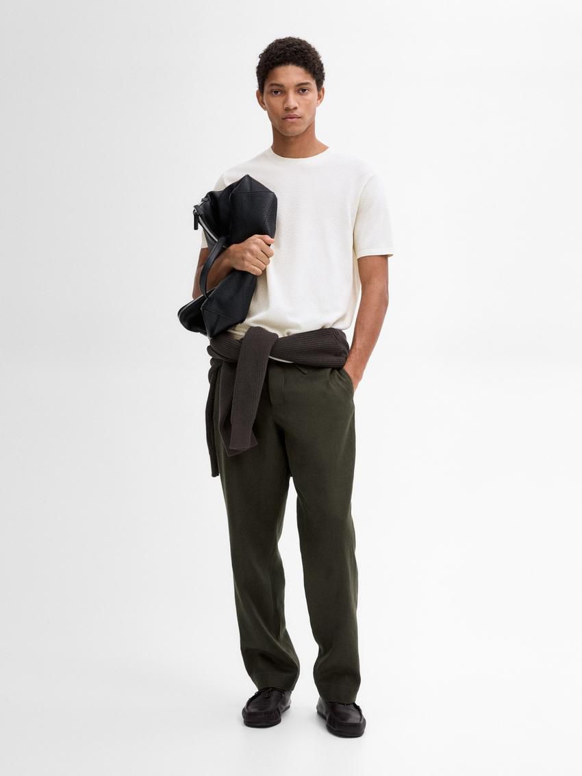Massimo Dutti Thick-textured Made Of Cotton Men T-Shirt Cream | US-QW3784520