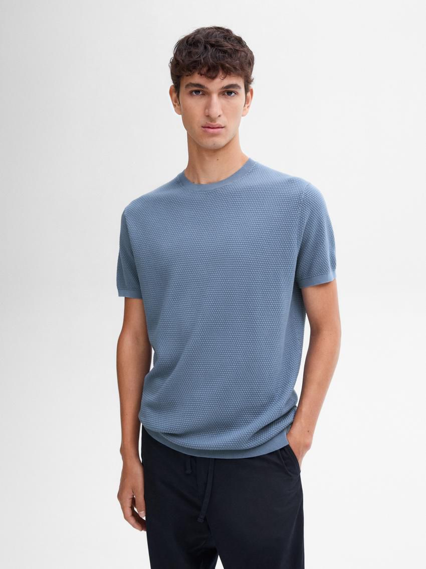 Massimo Dutti Thick-textured Made Of Cotton Men T-Shirt Blue | US-KW5610273