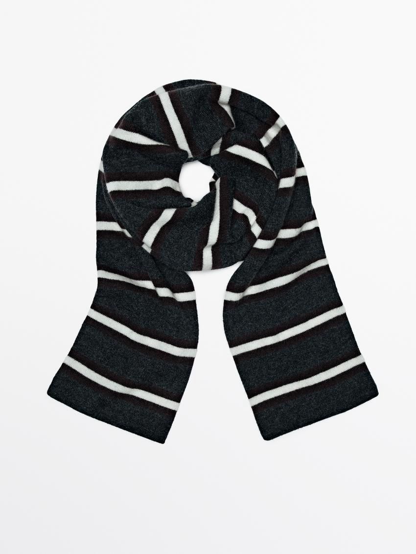Massimo Dutti Thin Striped Wool Blend Women Scarf Dark Blue / White | US-BQ1083469