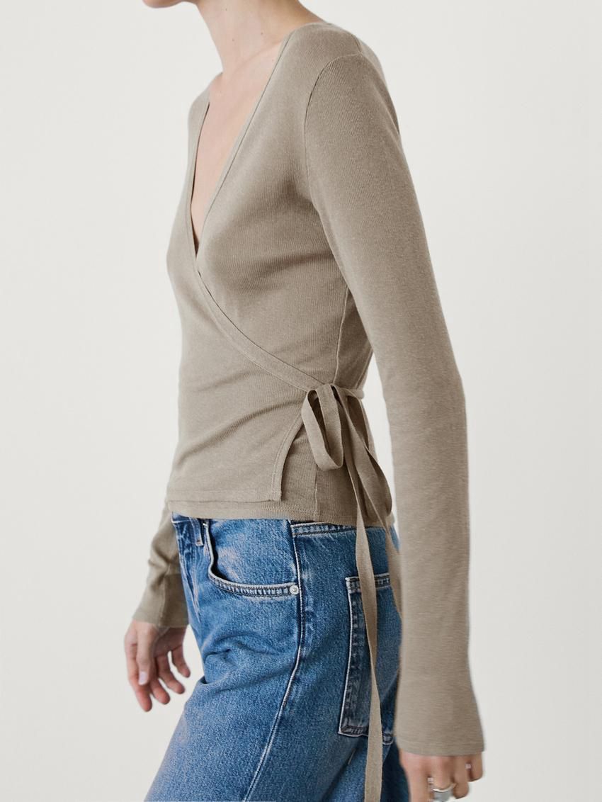 Massimo Dutti Tied With Cuff Detail Women T-Shirt Brown Beige | US-UO9623470
