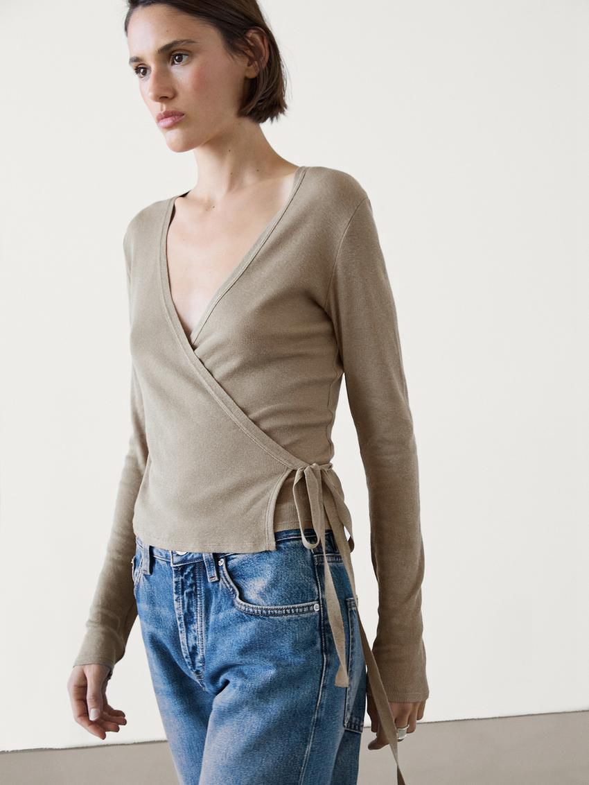 Massimo Dutti Tied With Cuff Detail Women T-Shirt Brown Beige | US-UO9623470