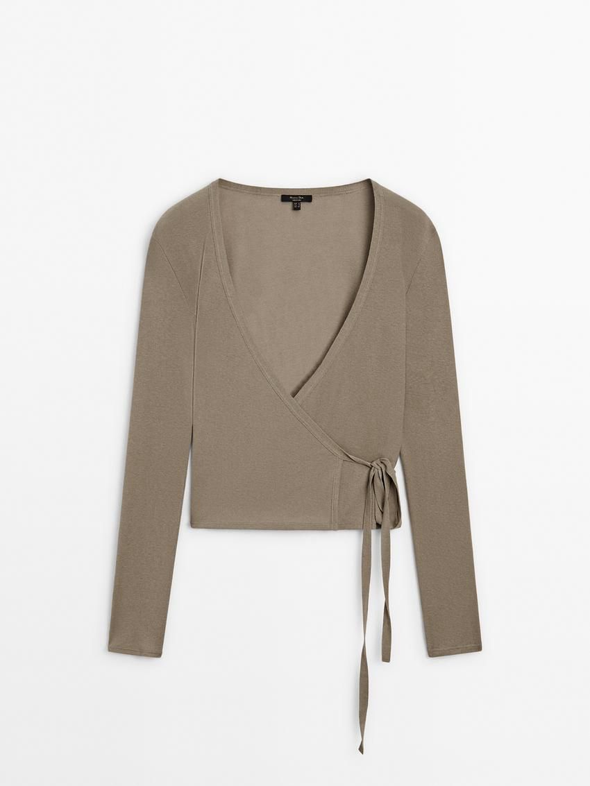 Massimo Dutti Tied With Cuff Detail Women T-Shirt Brown Beige | US-UO9623470