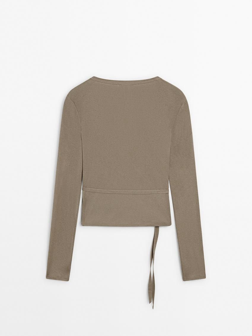Massimo Dutti Tied With Cuff Detail Women T-Shirt Brown Beige | US-UO9623470