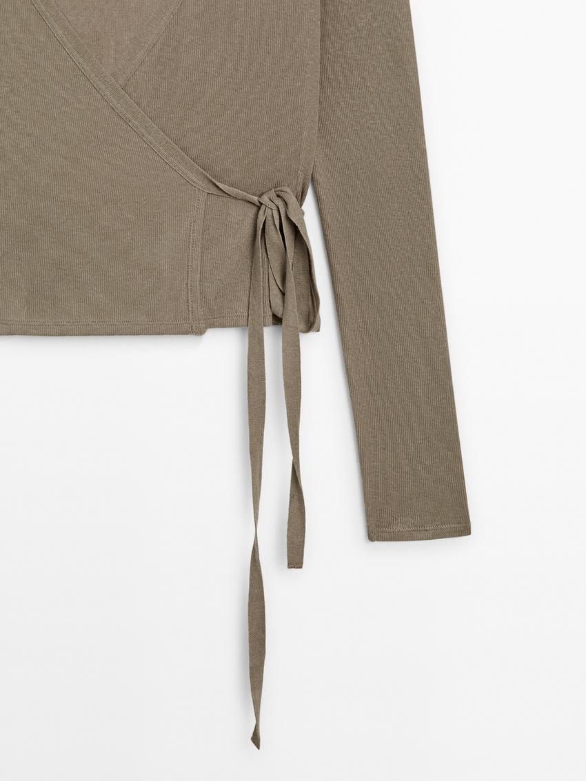Massimo Dutti Tied With Cuff Detail Women T-Shirt Brown Beige | US-UO9623470