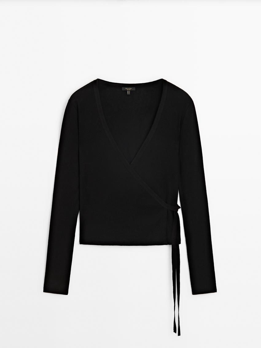 Massimo Dutti Tied With Cuff Detail Women T-Shirt Black | US-VS0862534