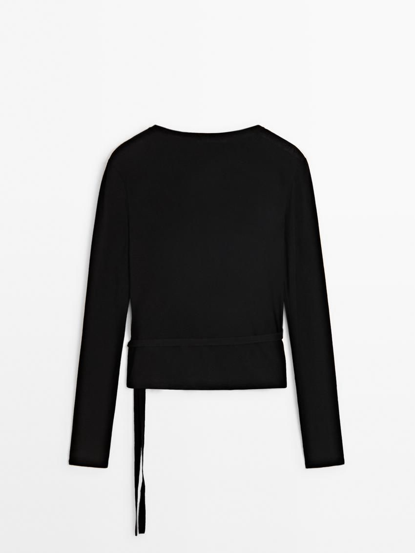Massimo Dutti Tied With Cuff Detail Women T-Shirt Black | US-VS0862534