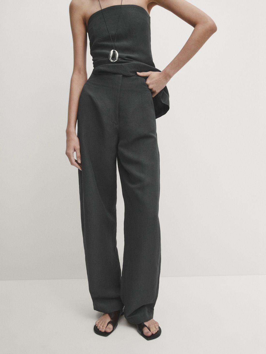 Massimo Dutti Total Look Linen Blend Suit Women Trousers Black | US-IG6409175