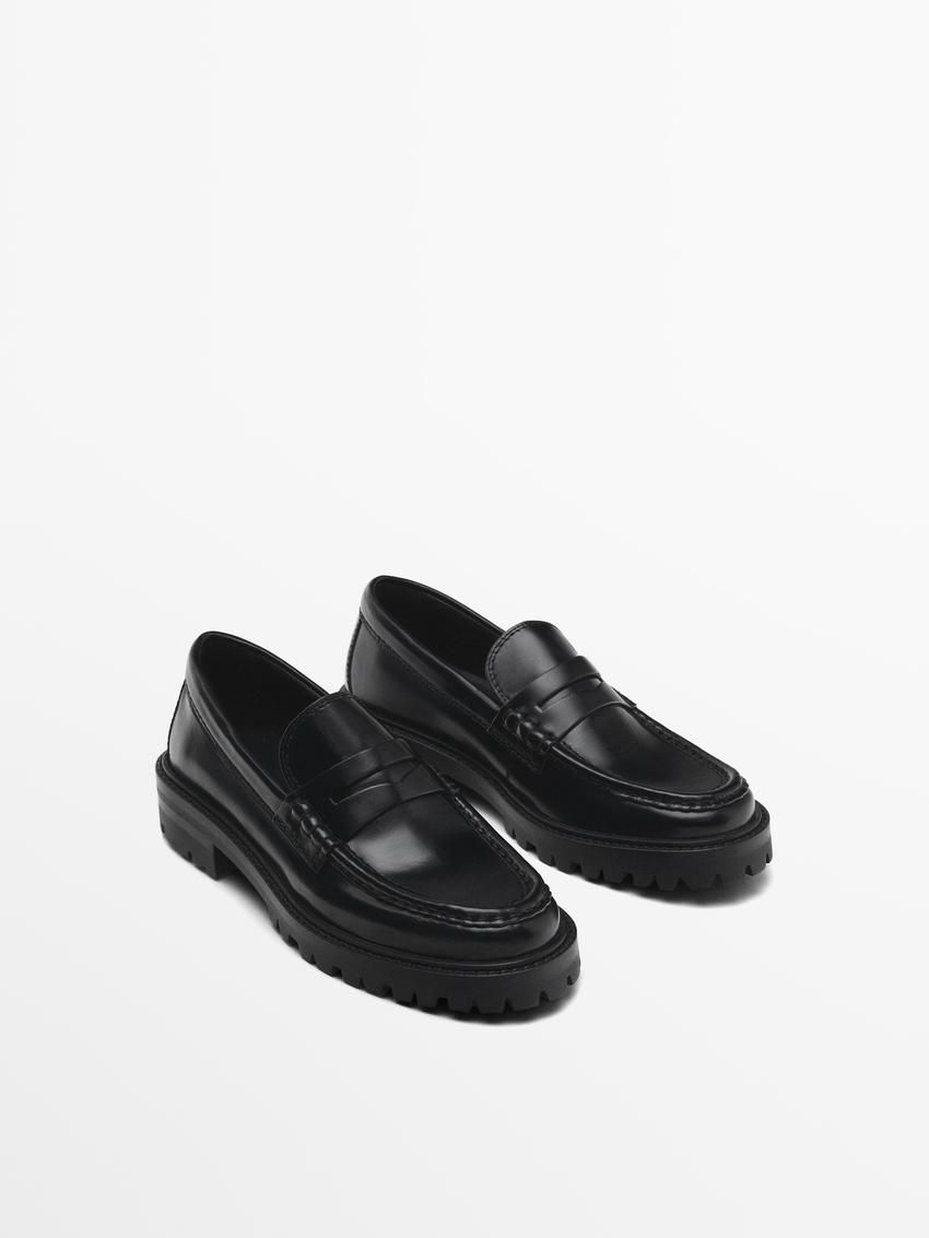 Massimo Dutti Track Sole With Penny Strap Women Loafers Black | US-PN9301576
