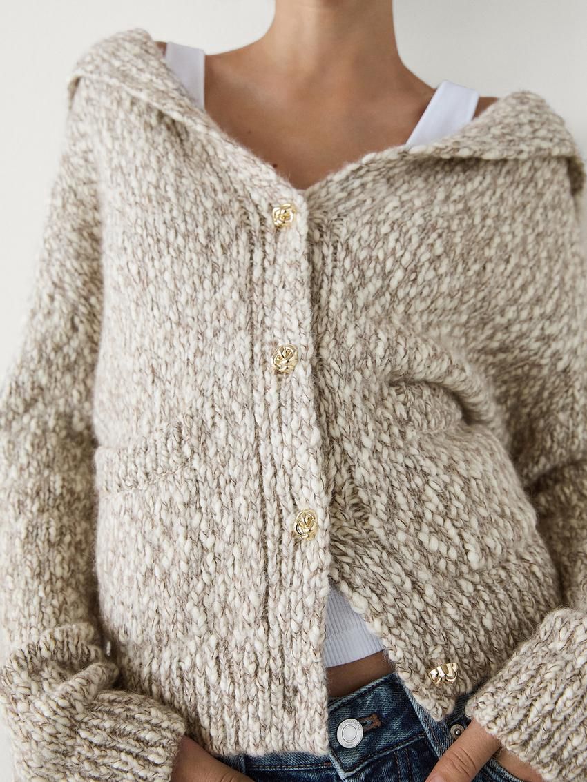 Massimo Dutti Twill Knit With Button Detail Women Cardigan Beige | US-PE9418675