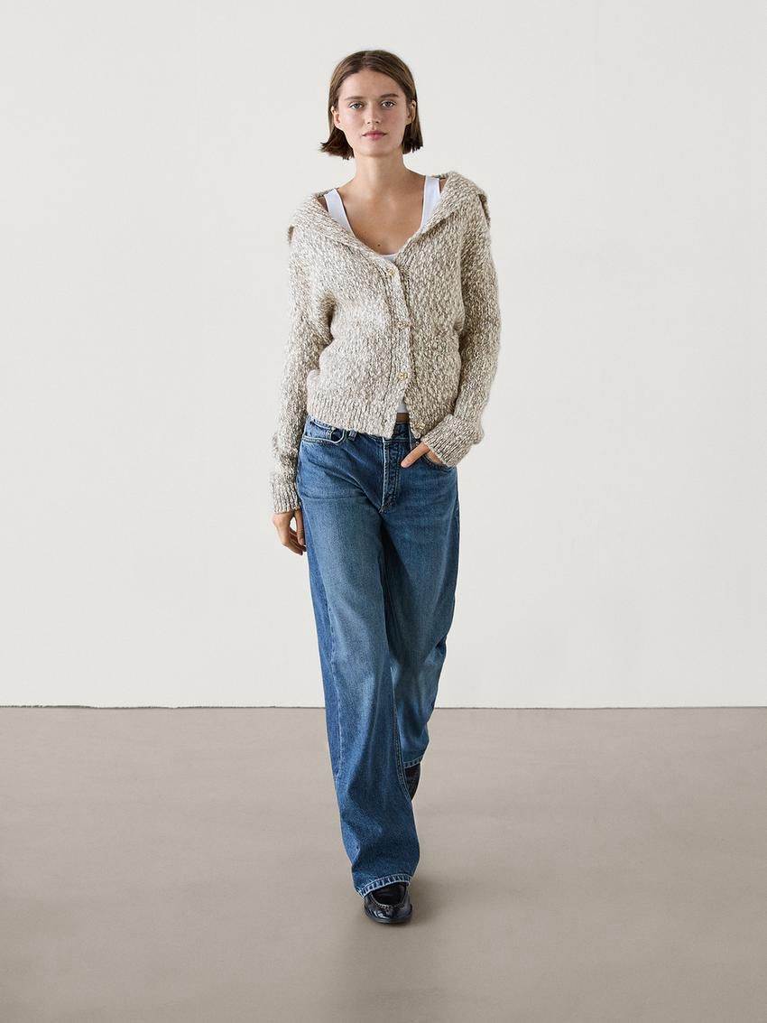 Massimo Dutti Twill Knit With Button Detail Women Cardigan Beige | US-PE9418675