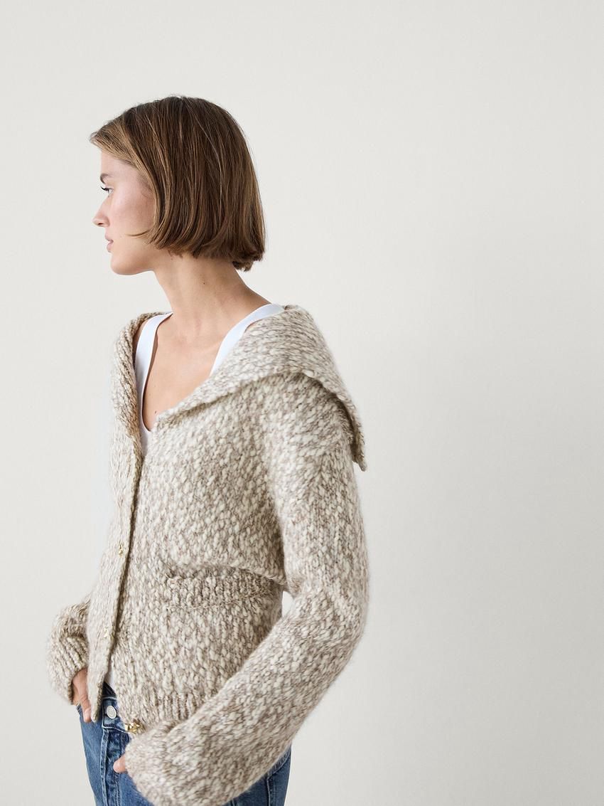 Massimo Dutti Twill Knit With Button Detail Women Cardigan Beige | US-PE9418675