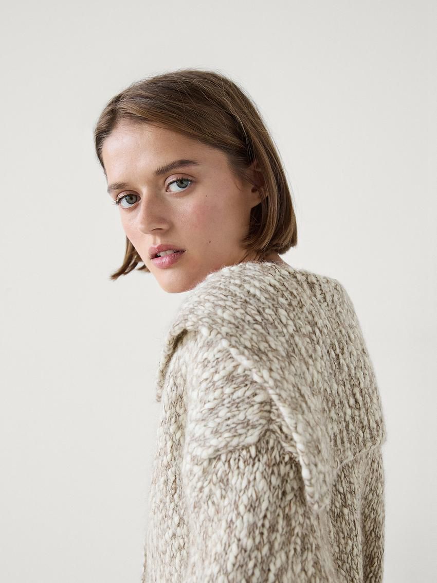 Massimo Dutti Twill Knit With Button Detail Women Cardigan Beige | US-PE9418675