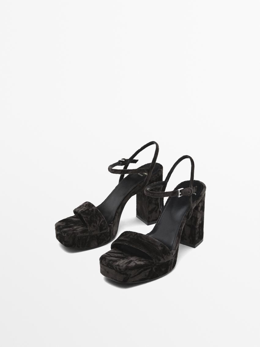 Massimo Dutti Velvet- Studio Women Platform Sandals Dark Brown | US-PM0142578