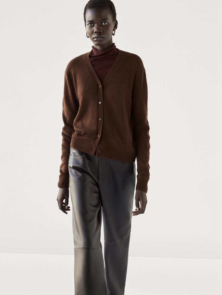 Massimo Dutti V-neck Cashmere Women Cardigan Brown | US-BT1372605