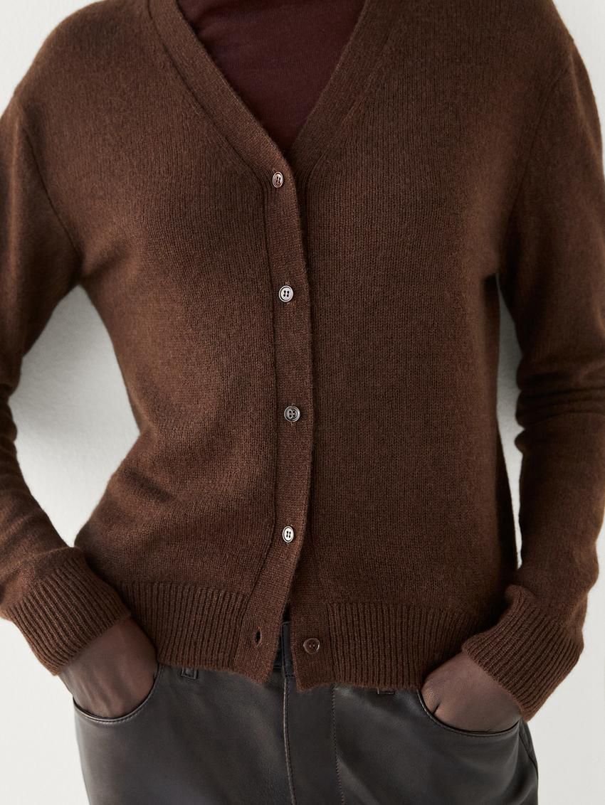 Massimo Dutti V-neck Cashmere Women Cardigan Brown | US-BT1372605