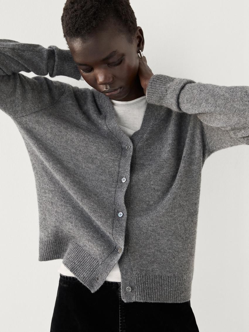 Massimo Dutti V-neck Cashmere Women Cardigan Grey | US-WQ4309785
