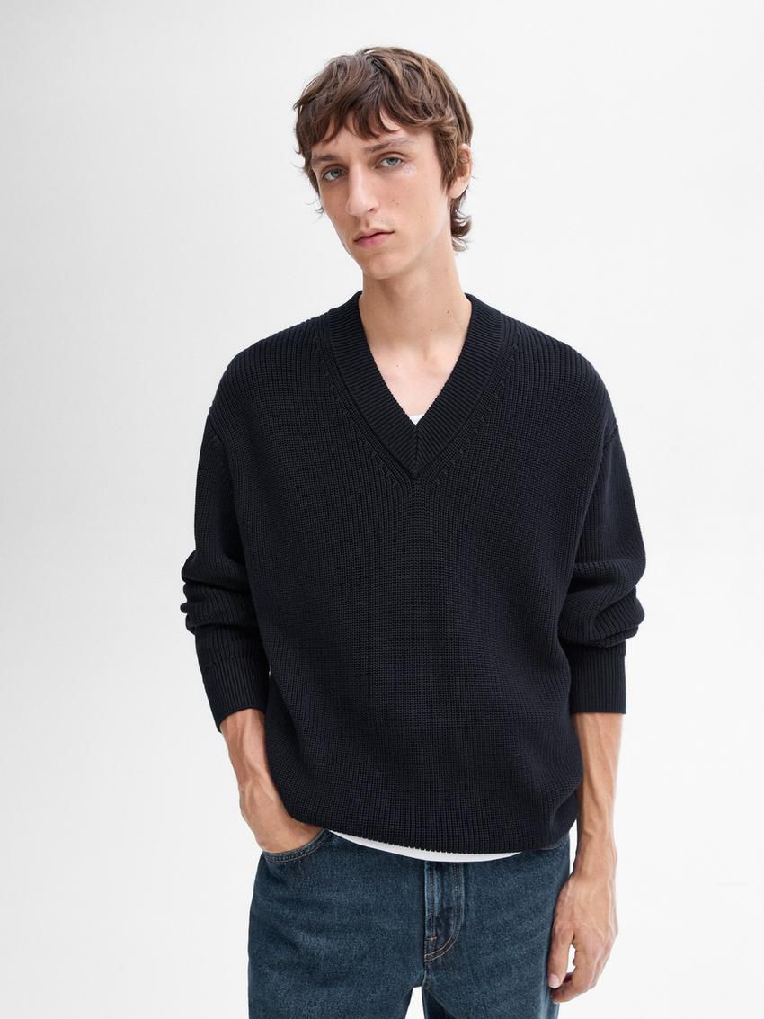 Massimo Dutti V-neck Cotton Knit Men Sweater Navy | US-PC1095843