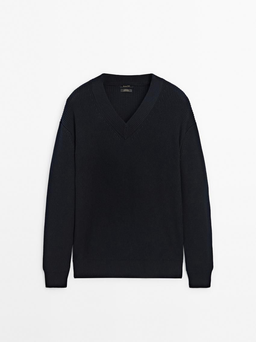 Massimo Dutti V-neck Cotton Knit Men Sweater Navy | US-PC1095843