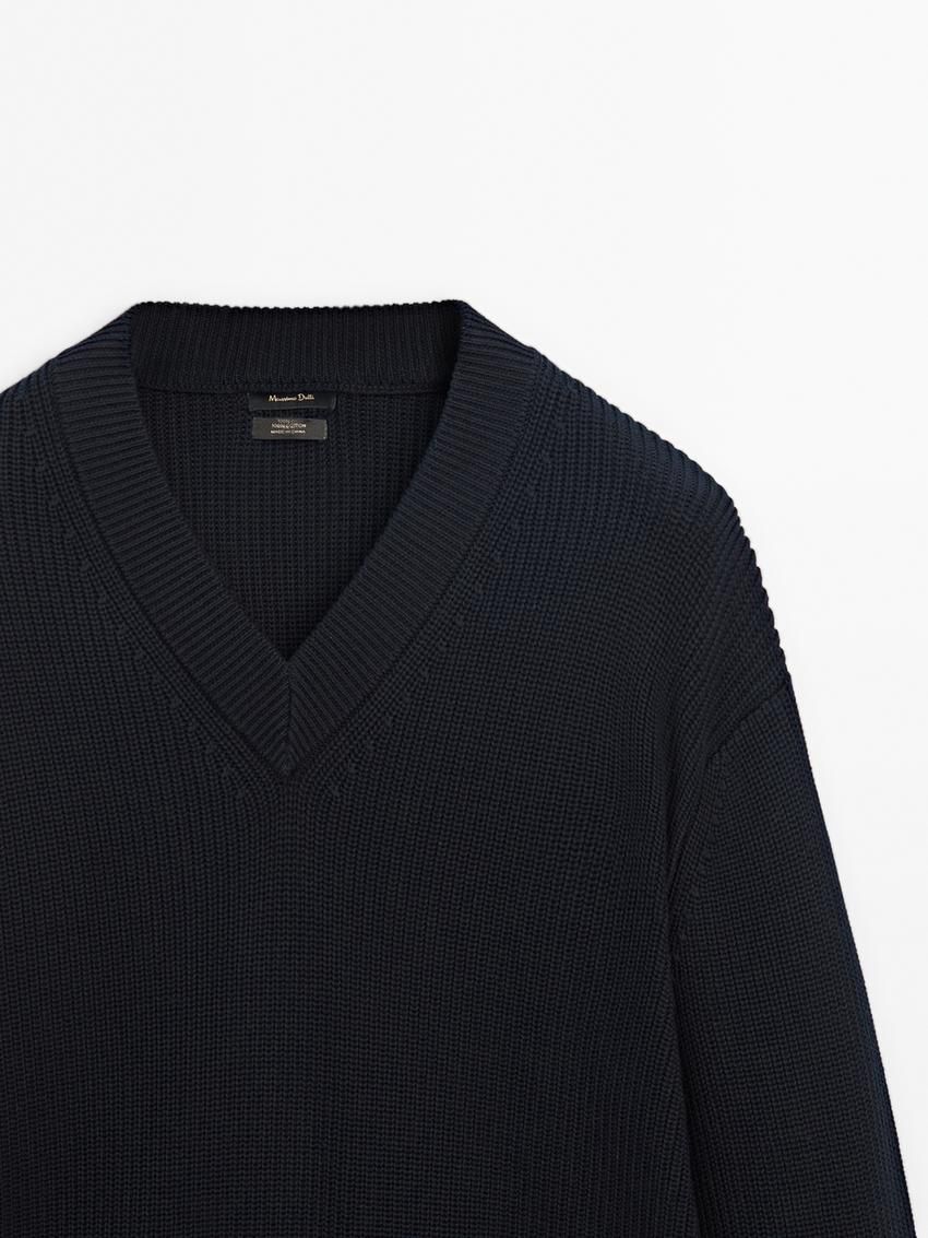 Massimo Dutti V-neck Cotton Knit Men Sweater Navy | US-PC1095843