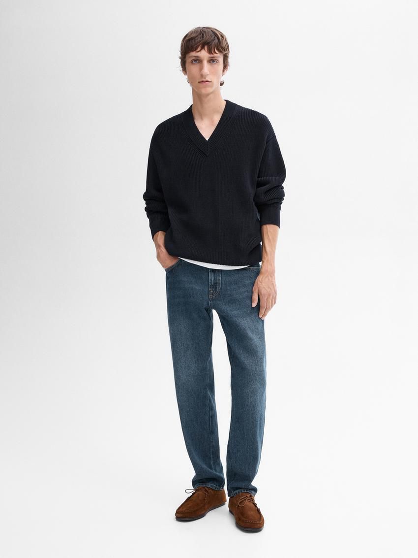 Massimo Dutti V-neck Cotton Knit Men Sweater Navy | US-PC1095843