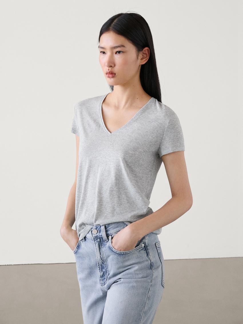 Massimo Dutti V-neck Cotton Women T-Shirt Grey | US-DJ2416790