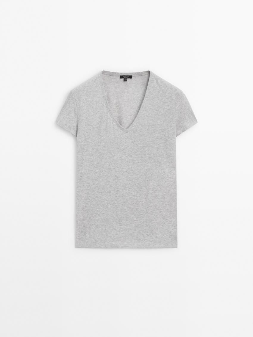 Massimo Dutti V-neck Cotton Women T-Shirt Grey | US-DJ2416790