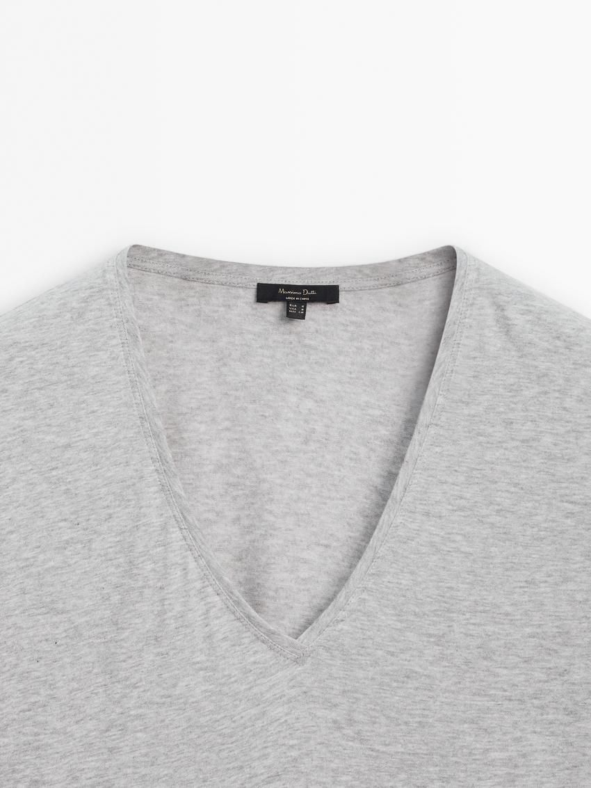 Massimo Dutti V-neck Cotton Women T-Shirt Grey | US-DJ2416790
