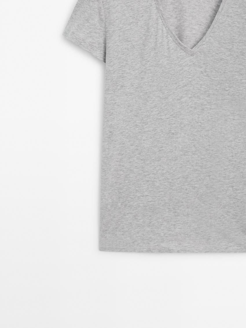 Massimo Dutti V-neck Cotton Women T-Shirt Grey | US-DJ2416790