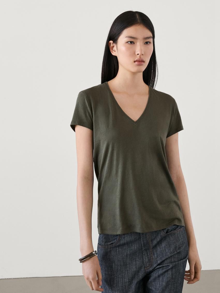 Massimo Dutti V-neck Cotton Women T-Shirt Dark Green | US-EP7815260