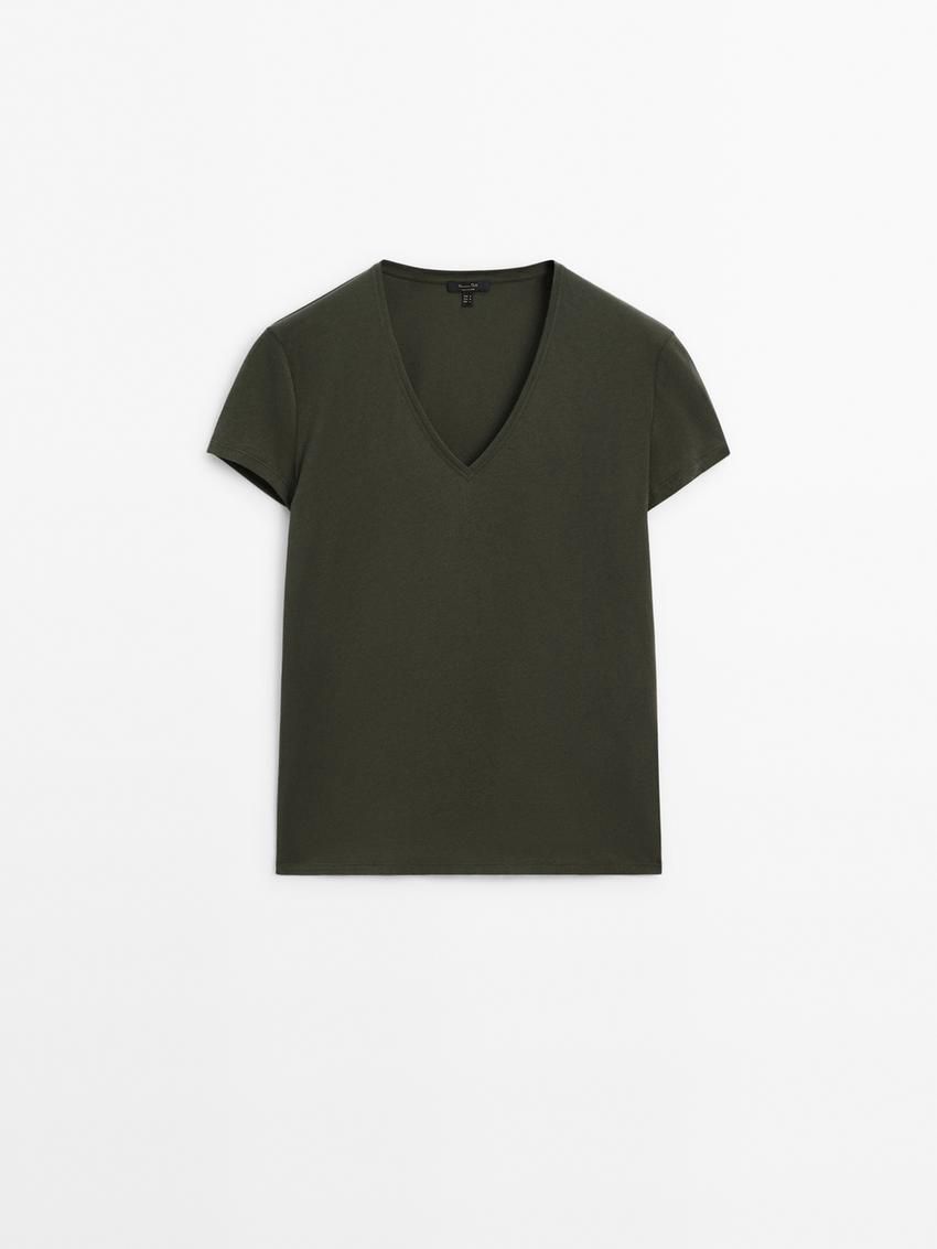 Massimo Dutti V-neck Cotton Women T-Shirt Dark Green | US-EP7815260