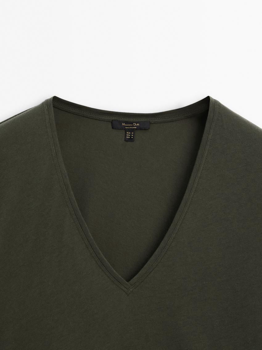 Massimo Dutti V-neck Cotton Women T-Shirt Dark Green | US-EP7815260