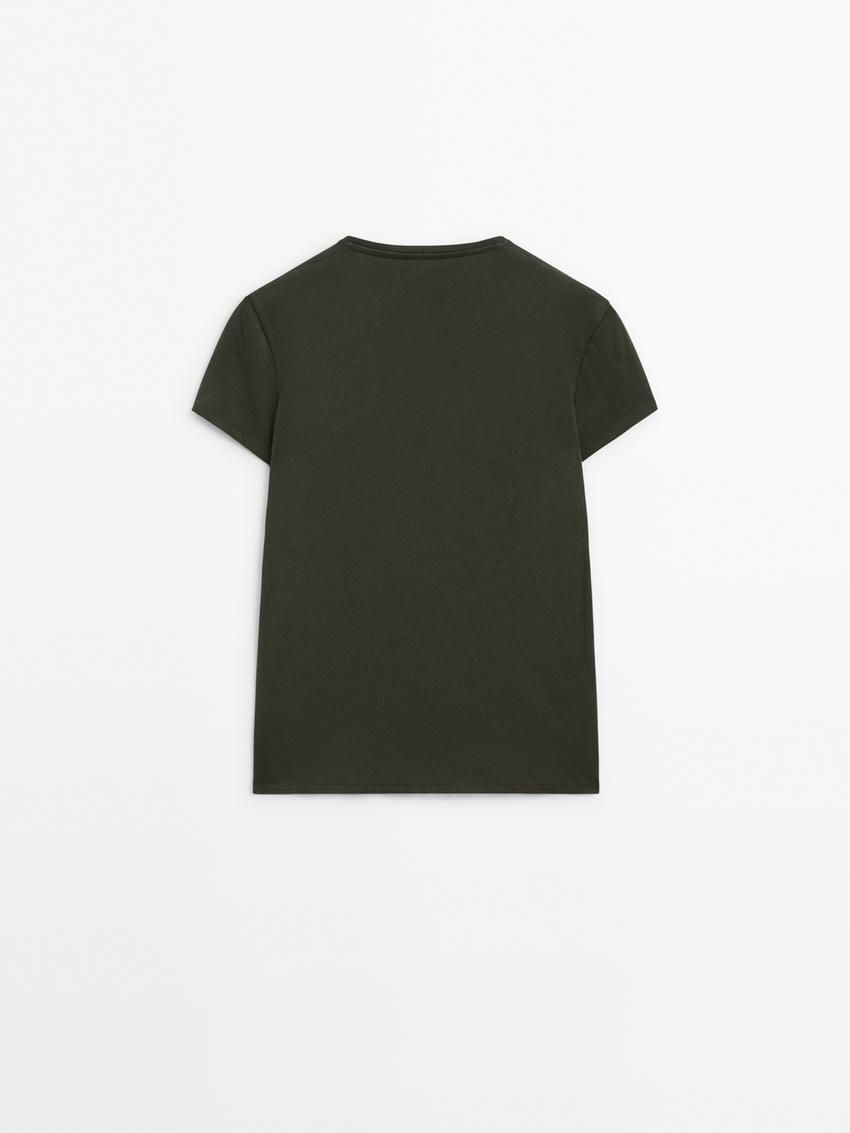 Massimo Dutti V-neck Cotton Women T-Shirt Dark Green | US-EP7815260