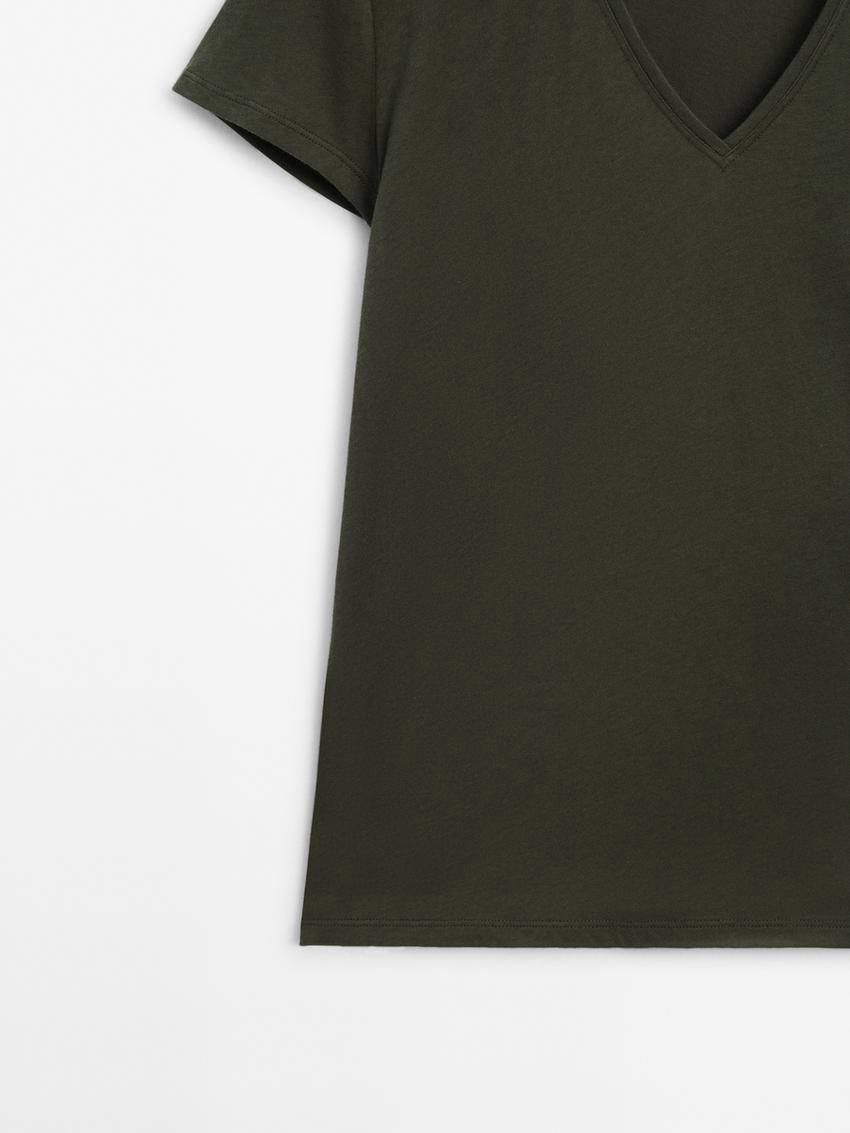 Massimo Dutti V-neck Cotton Women T-Shirt Dark Green | US-EP7815260