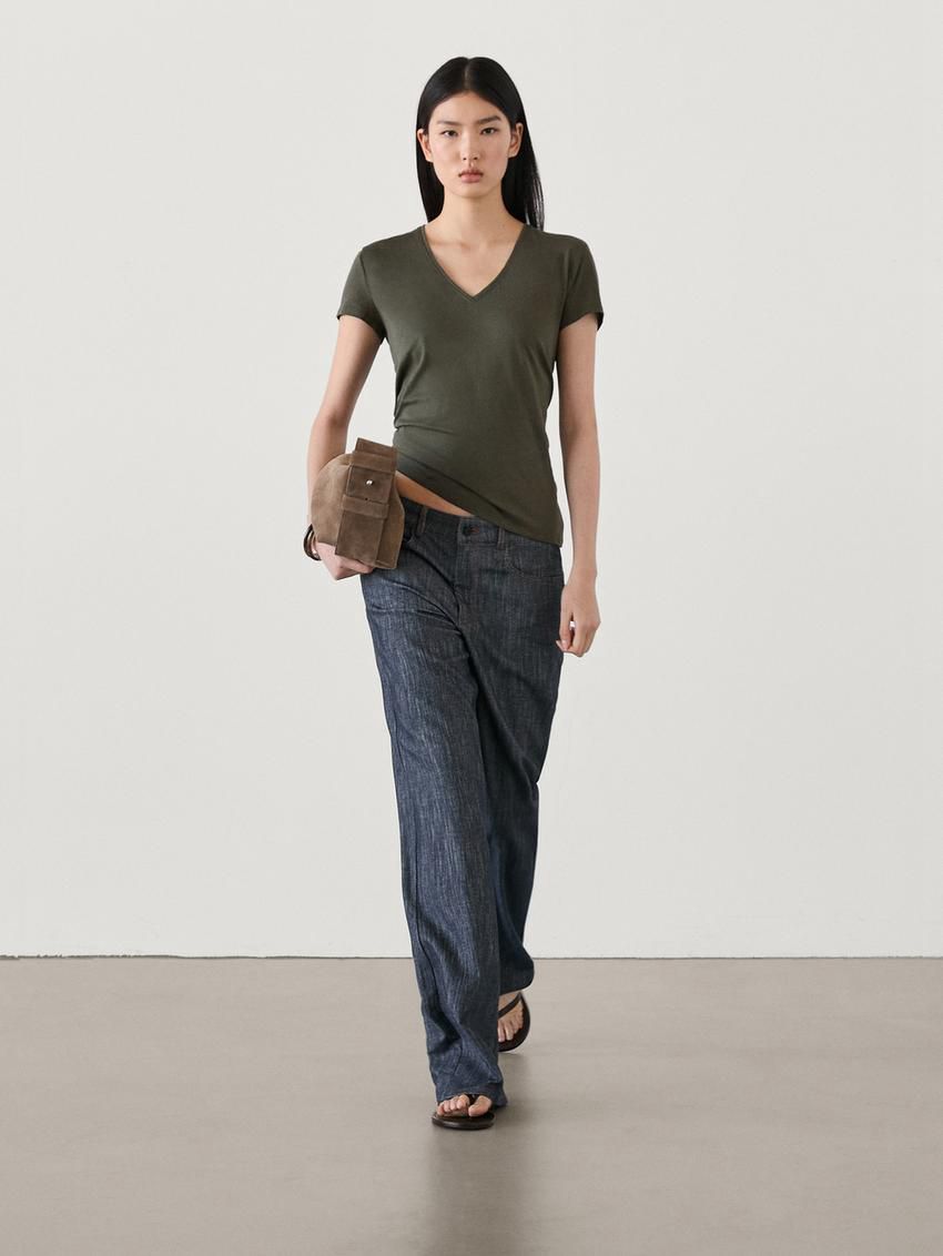 Massimo Dutti V-neck Cotton Women T-Shirt Dark Green | US-EP7815260