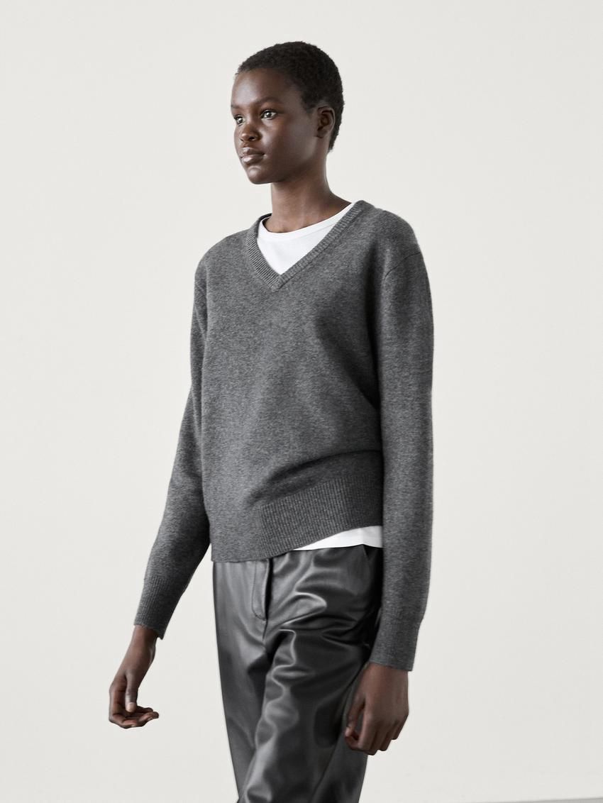 Massimo Dutti V-neck Knitted Wool Blend Women Sweater Dark Grey | US-MJ0295146