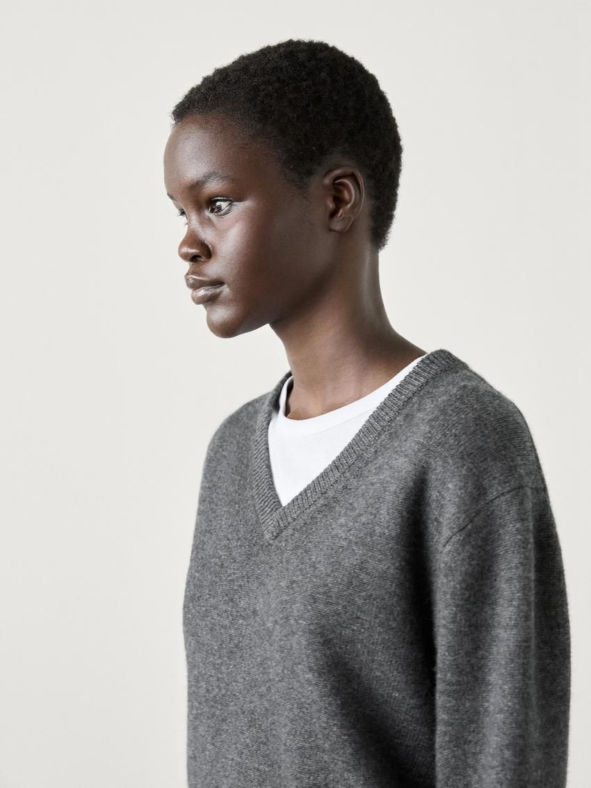 Massimo Dutti V-neck Knitted Wool Blend Women Sweater Dark Grey | US-MJ0295146
