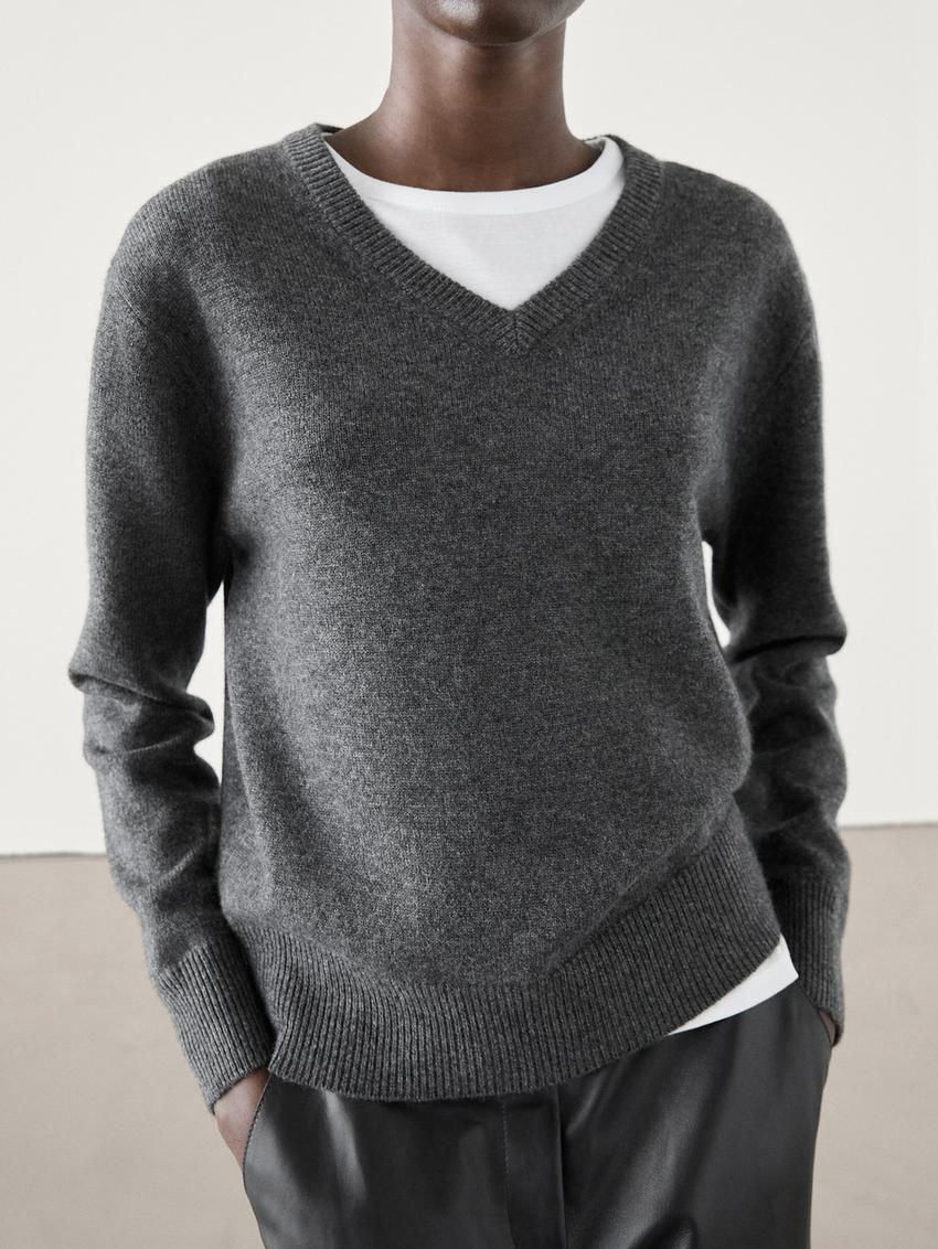 Massimo Dutti V-neck Knitted Wool Blend Women Sweater Dark Grey | US-MJ0295146