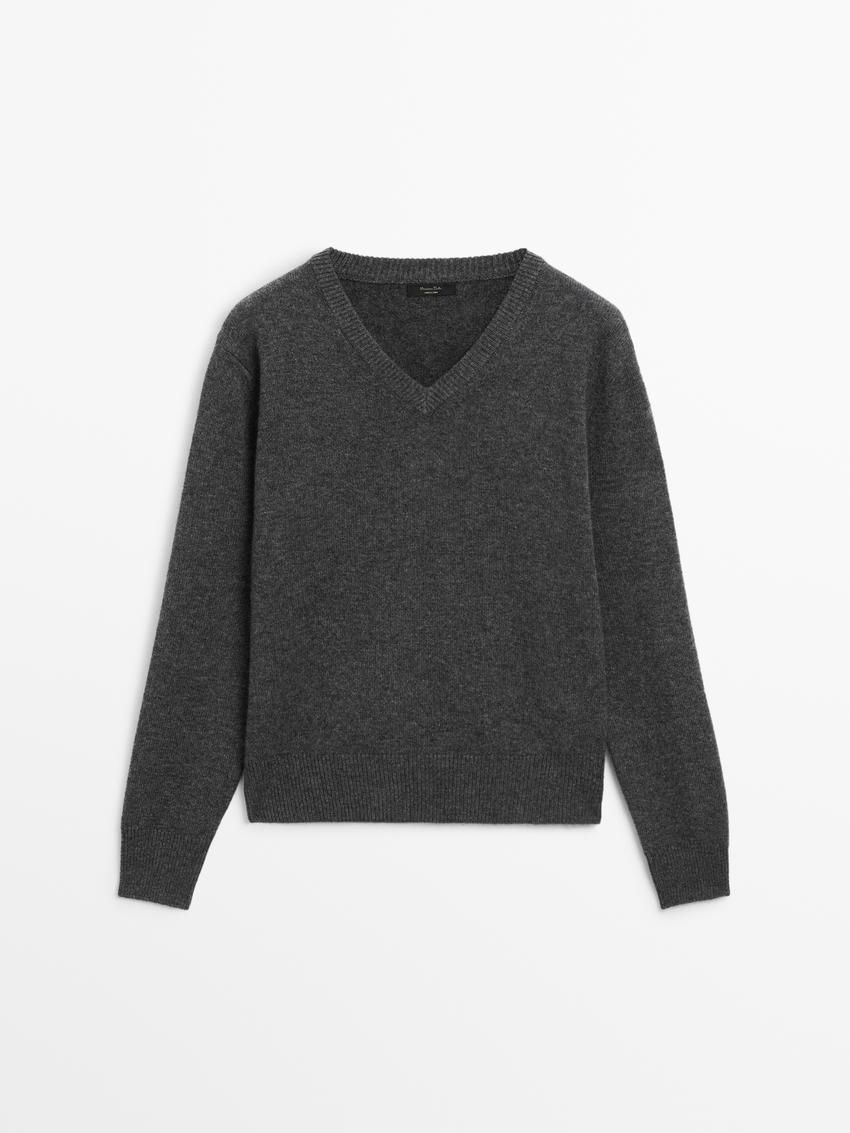 Massimo Dutti V-neck Knitted Wool Blend Women Sweater Dark Grey | US-MJ0295146