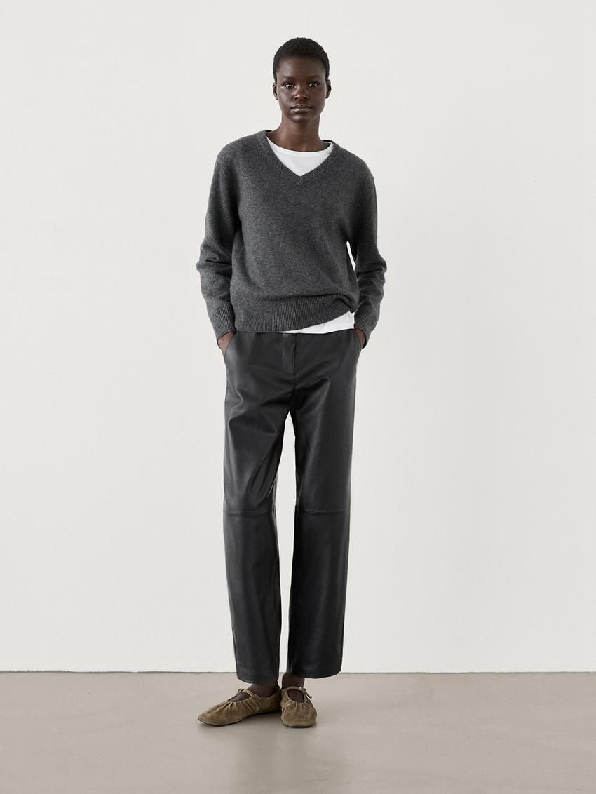 Massimo Dutti V-neck Knitted Wool Blend Women Sweater Dark Grey | US-MJ0295146